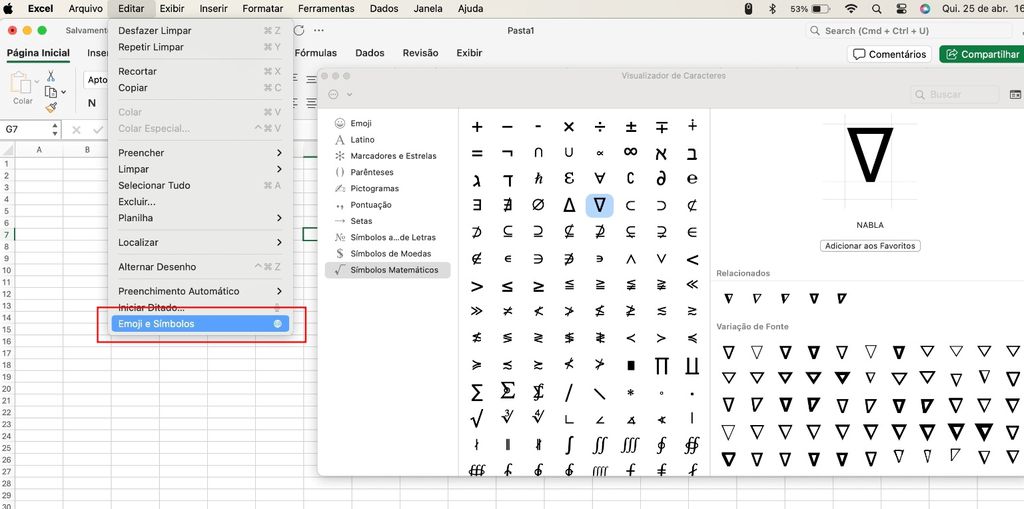 Excel permite inserir símbolos e caracteres especiais dentro de tabelas (Imagem: Captura de tela/Guliherme Haas/MARQS)