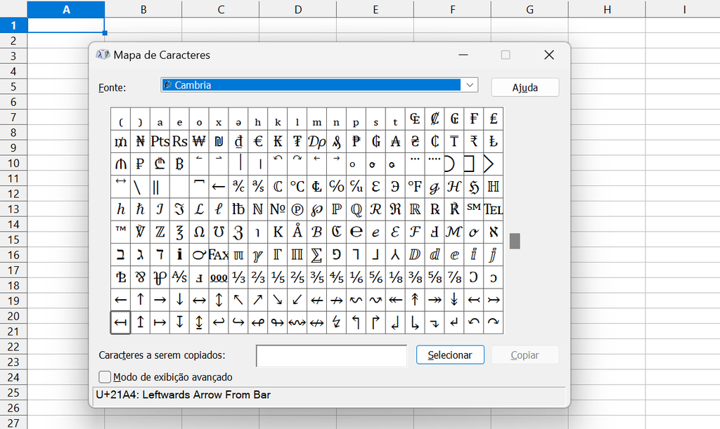 É possível utilizar o Mapa de Caracteres para inserir símbolos no Excel (Imagem: Captura de tela/Guliherme Haas/MARQS)