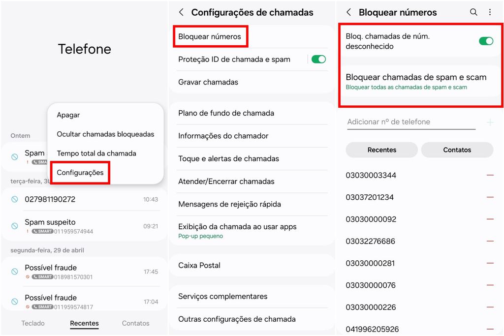 É possível bloquear chamadas de números desconhecidos pelo aplicativo Telefone no Android (Imagem: Captura de tela/Guilherme Haas/MARQS)