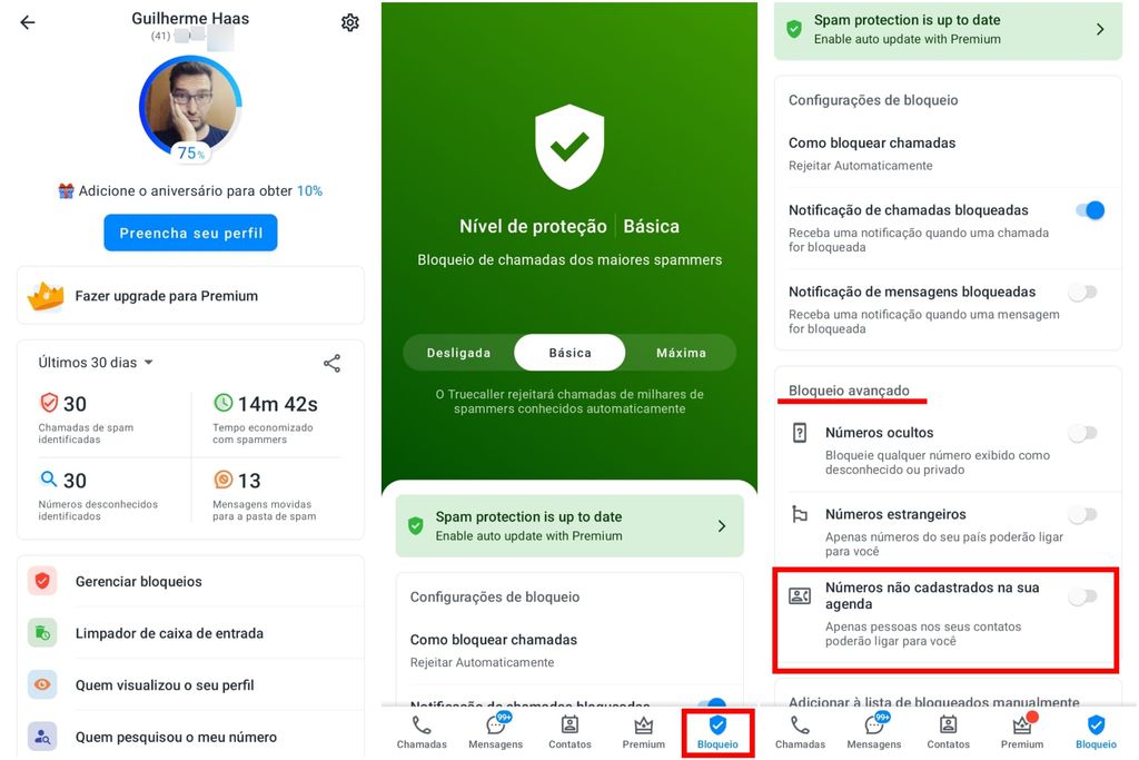 O Truecaller é uma alternativa para bloquear ligações de números que não estão cadastrados na sua agenda (Imagem: Captura de tela/Guilherme Haas/MARQS)