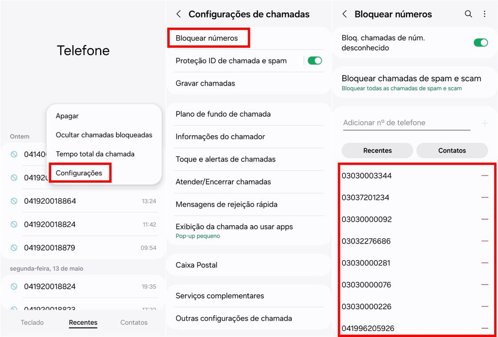 Essa configuração bloqueia futuras chamadas dos números selecionados (Imagem: Captura de tela/Guilherme Haas/MARQS)