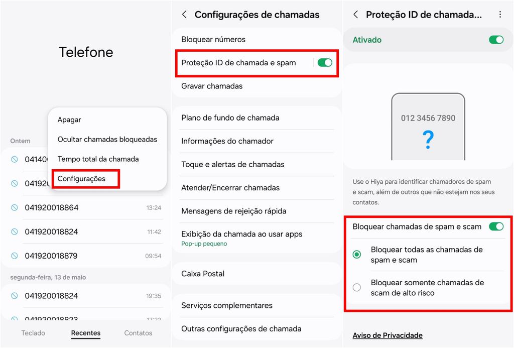 É possível bloquear todas as chamadas e spam ou apenas as de alto risco (Imagem: Captura de tela/Guilherme Haas/MARQS)