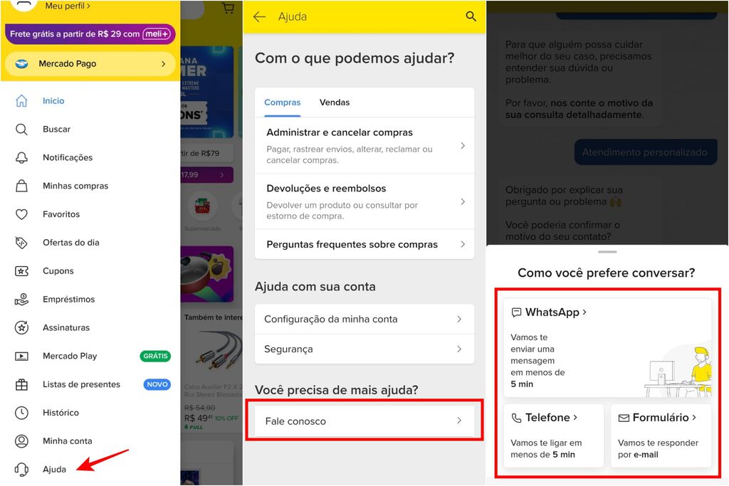 Você pode solicitar contato com o Mercado Livre através da assistente virtual da plataforma (Imagem: Captura de tela/Guilherme Haas/MARQS) 