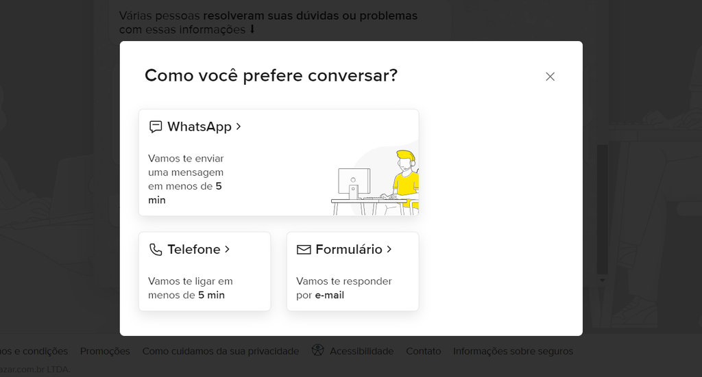 É possível solicitar contato por telefone, WhatsApp ou e-mail com o Mercado Livre (Imagem: Captura de tela/Guilherme Haas/MARQS) 