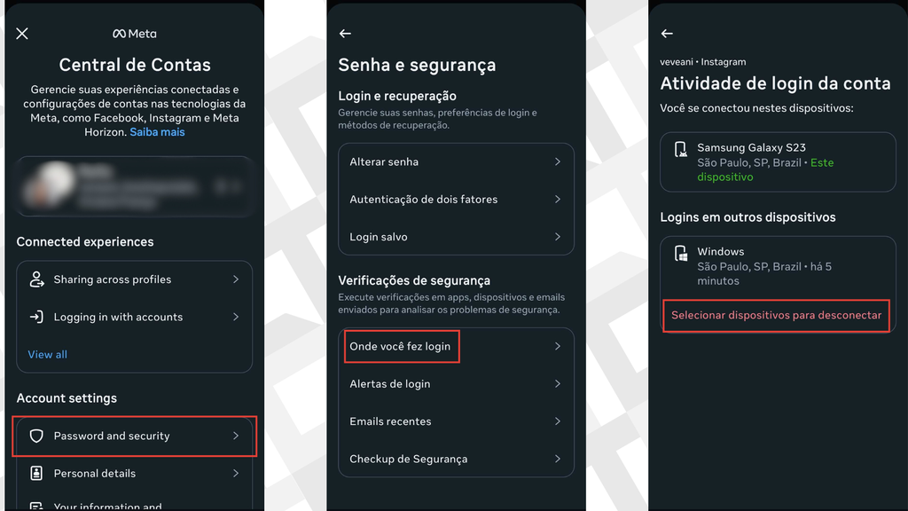 Captura de tela com os passos para desconectar o Instagram de outro celular