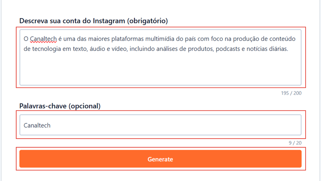 Captura de tela do gerador de user do Instagram do aftership