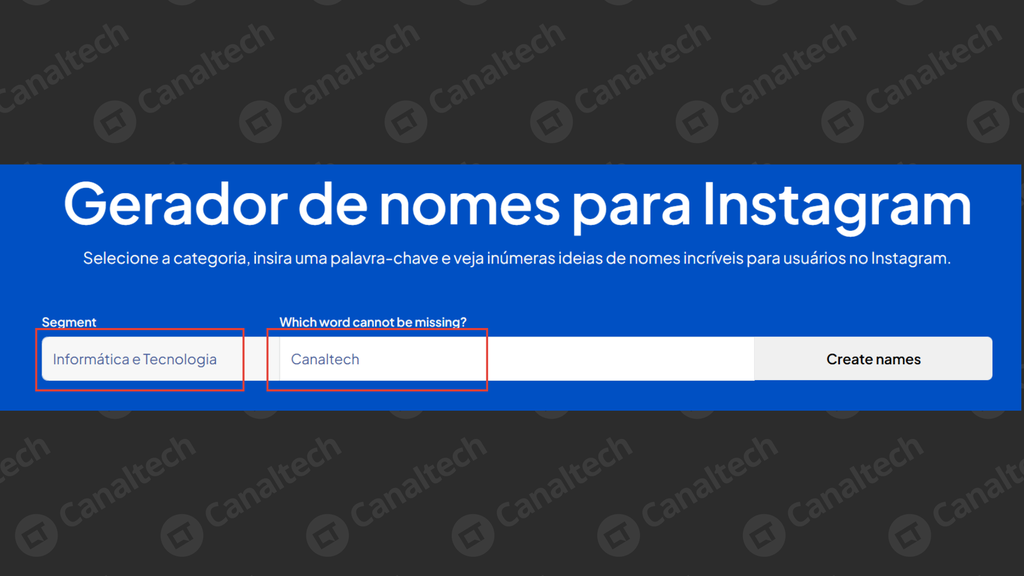Captura do gerador de user do Instagram da nuvemshop