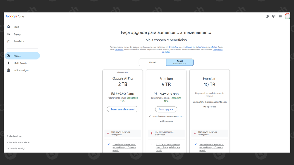 Google One libera pagamento anual para o AI Pro e Premium 5 TB com desconto de 16% (Imagem: Captura de tela/Bruno De Blasi/MARQS)