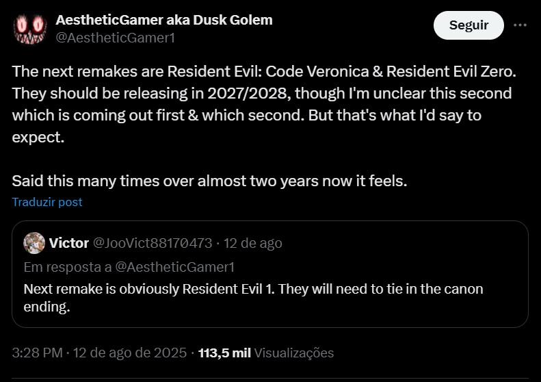 Captura de post falando de remakes de Resident Evil