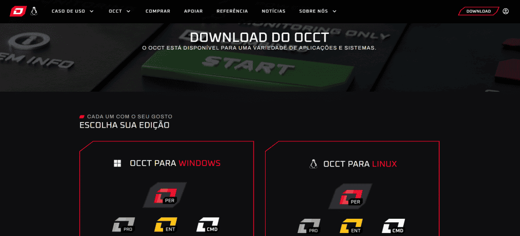 Captura de tela do site oficial para download do app OCCT