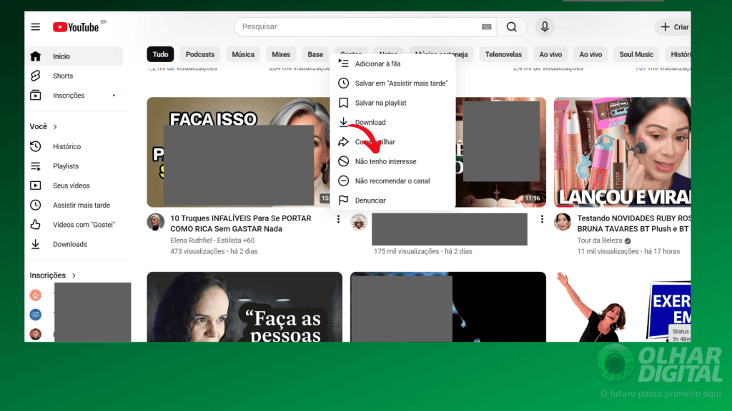 Captura de tela do YouTube mostrando funcionalidades que são dicas para melhorar as recomendações do YouTube