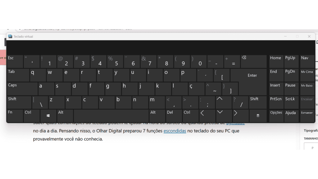 Ative o teclado virtual com funções escondidas