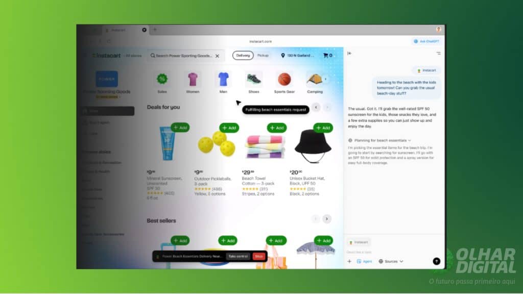 Interface do ChatGPT Atlas analisando produtos em uma loja virtual e sugerindo as melhores opções de acordo com o perfil do usuário