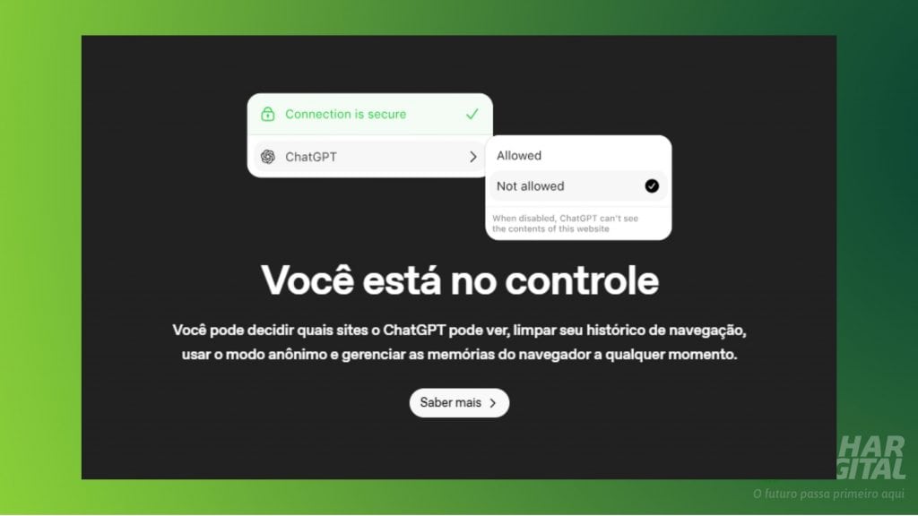 Menu do navegador exibindo o botão para ativar ou desativar rapidamente o ChatGPT Atlas durante a navegação