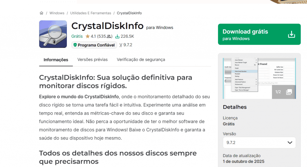 Captura de tela do site de app CrystalDisk