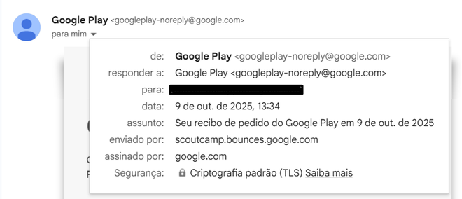 Ao clicar na seta para baixo no Gmail, você consegue ver o cabeçalho do e-mail, como demonstrado na imagem: sempre verifique se o remetente está correto (Imagem: Lillian Sibila/MARQS)