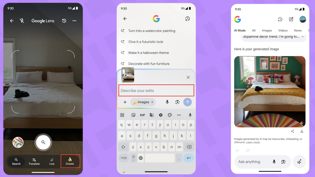 Passos para usar o modo Create e Nano Banana no Google Lens