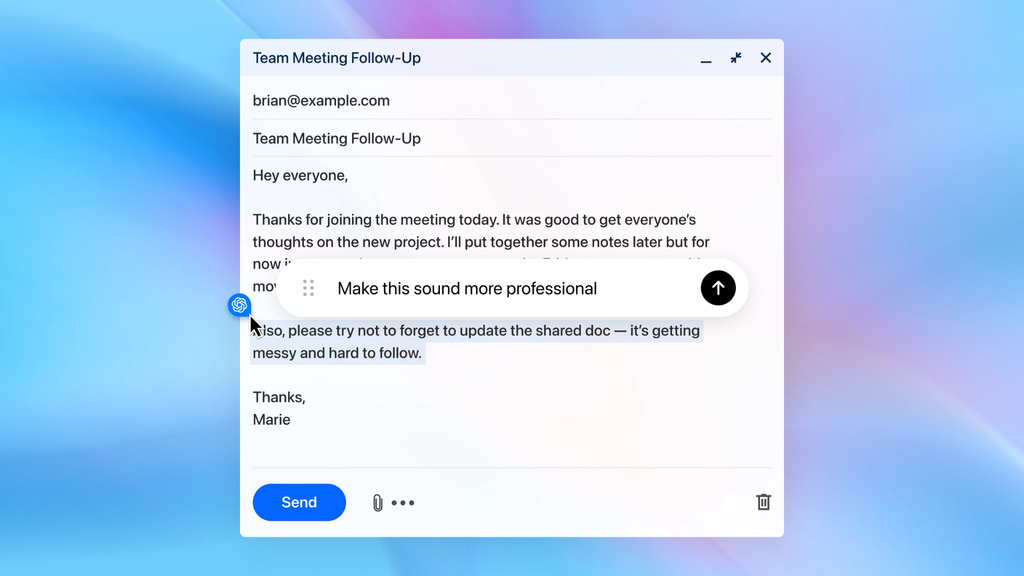 ChatGPT Atlas apresenta atalho para o chatbot ao selecionar textos (Imagem: Divulgação/OpenAI)