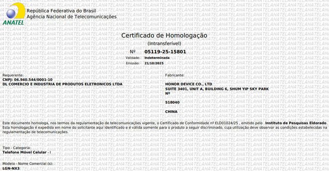 Certificado de homologação anatel honor 400 smart