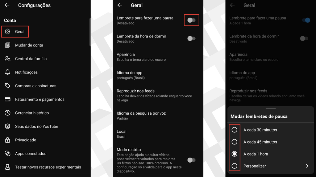 Passos para ativar o lembrete de pausa