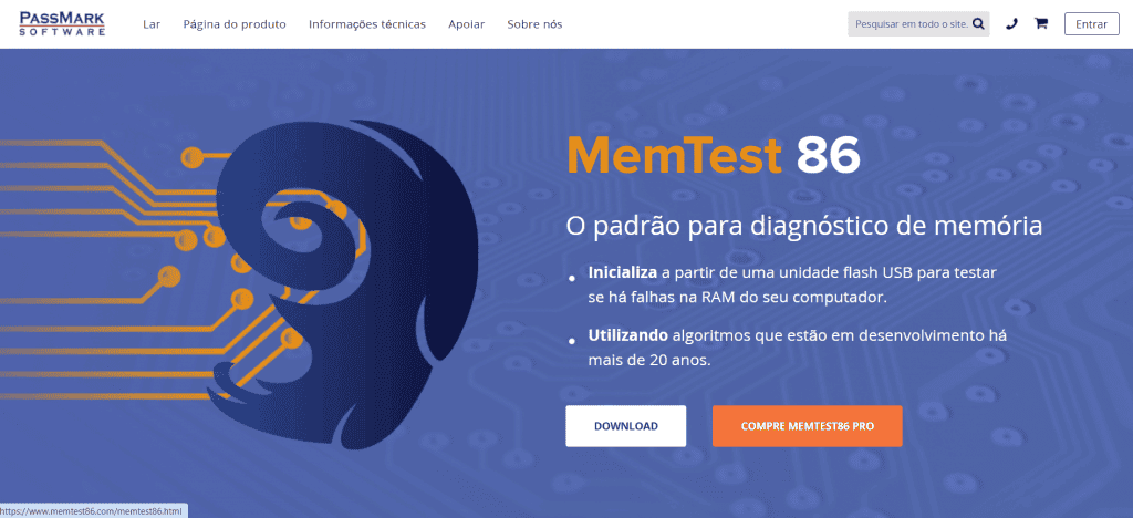 Captura de tela do site do app diagnóstico Mentest86