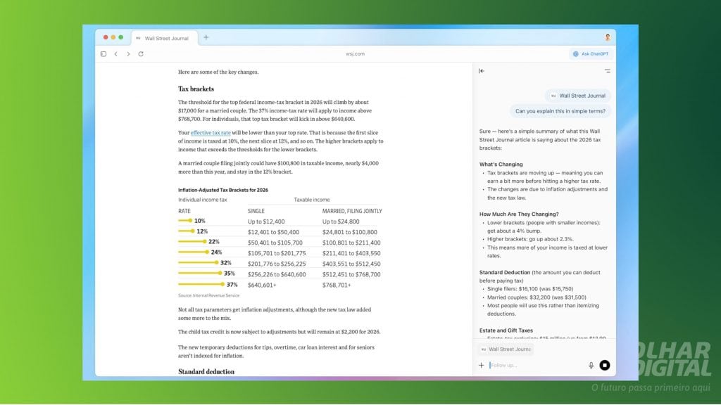 Tela mostrando o ChatGPT Atlas explicando passo a passo a resolução de um exercício educaciona