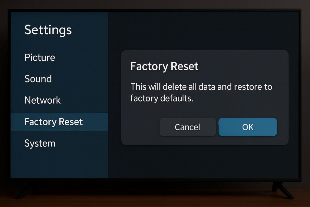 Tela de menu Factory Reset em Smart TV com aviso de confirmação indicando que todos os dados serão apagados e o sistema será restaurado aos padrões de fábrica