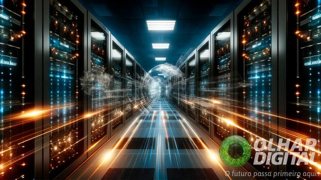 Ilustração de data center processando dados do setor financeiro com uso de inteligência artificial