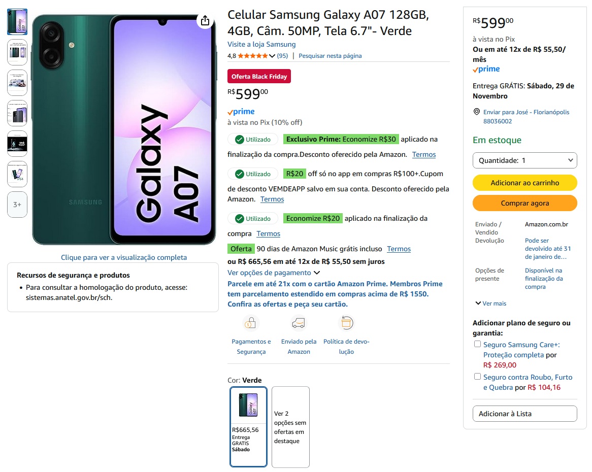 BARATINHO! Celular Samsung Galaxy A07 por R$ 599 na Amazon