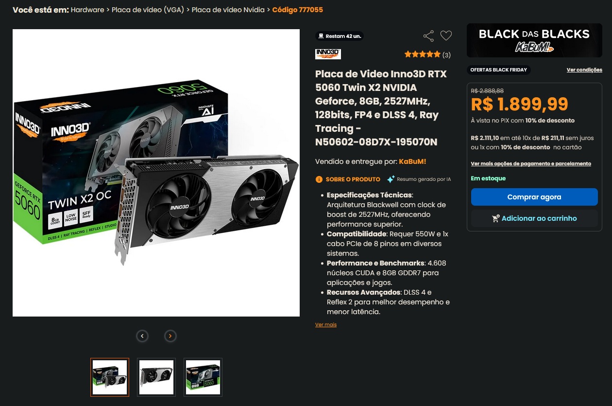 Black Friday | GPU RTX 5060 por menos de R$ 1,9 mil no KaBuM!