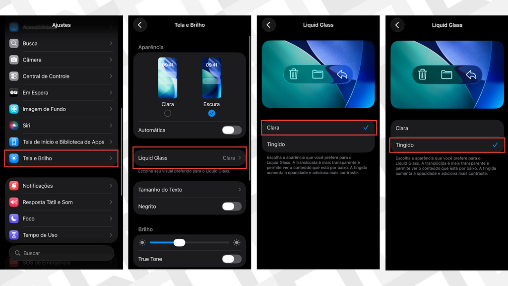 Passos para ajustar a transparência do Liquid Glass no iPhone