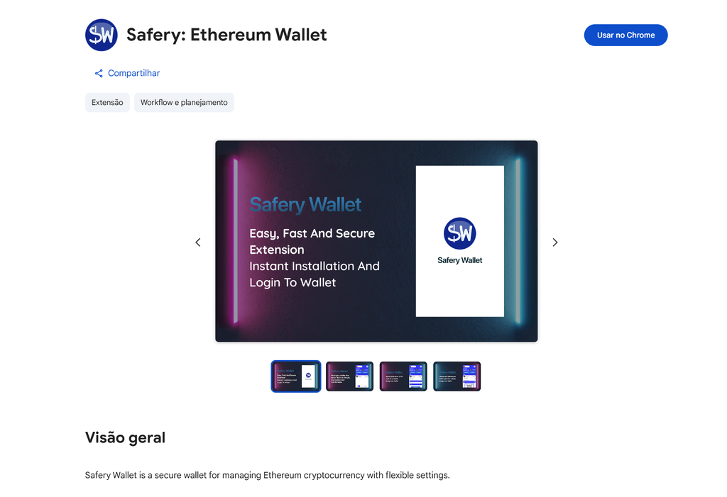 No momento da confecção desta notícia, a extensão fraudulenta Safery segue sendo distribuída na Chrome Web Store (Imagem: chrome web store)