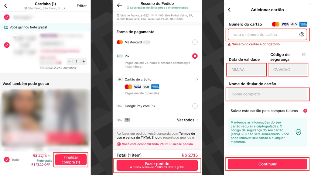 Adicionar cartão de crédito na finalização da compra no TikTok Shop