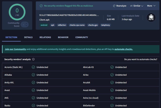 Nenhum antivírus de marcas conhecidas e funcionais conseguiu detectar o malware de acesso remoto nos celulares, preocupando especialistas (Imagem: Certo Software)