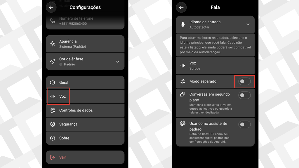 Modo separado da conversa por voz no ChatGPT