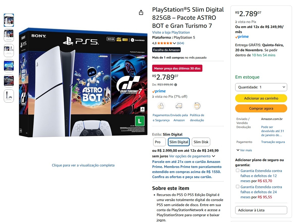 Imperdível! PlayStation 5 Slim Digital 825GB com Astro Bot e Gran Turismo 7 por R$ 2.789
