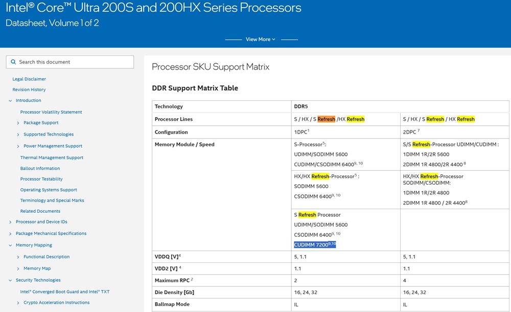 Captura do site da Intel com novas informações