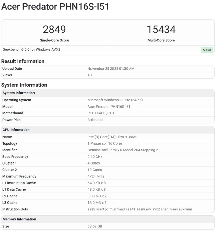 Captura de resultados do Core Ultra 9 386H no Geekbench
