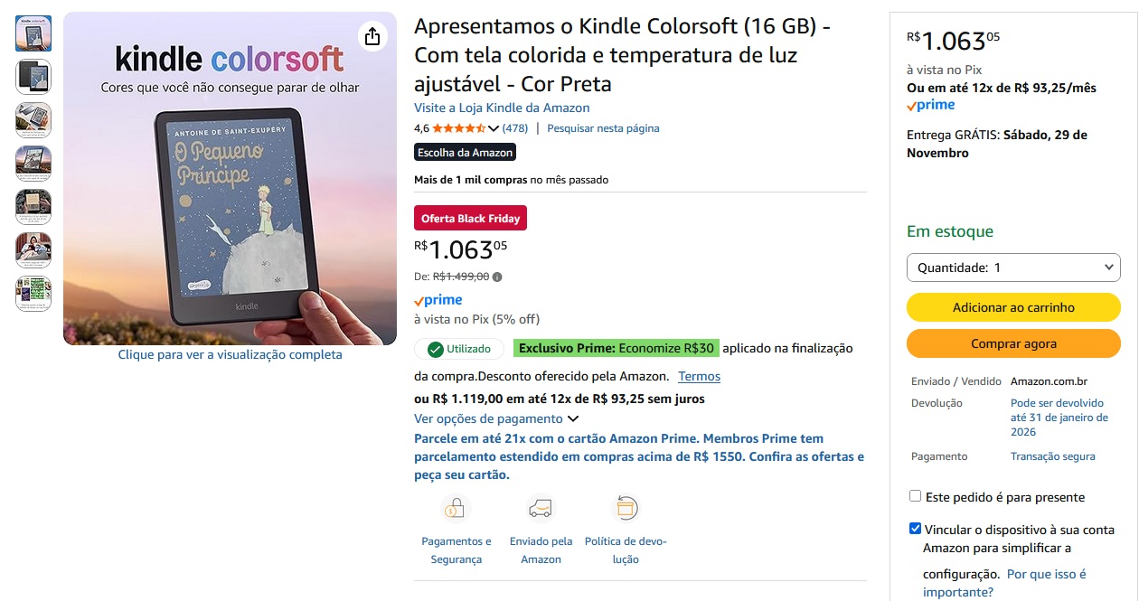 Menor preço histórico! Kindle colorido por R$ 1.063 na Black Friday da Amazon