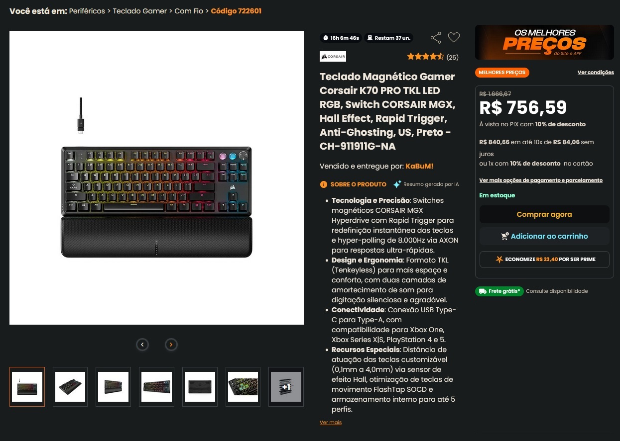 Voltou!! Teclado Magnético Corsair K70 por R$ 756,59 no KaBuM!