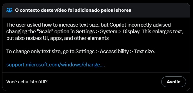 Nota da comunidade questiona dica oferecida pelo Copilot